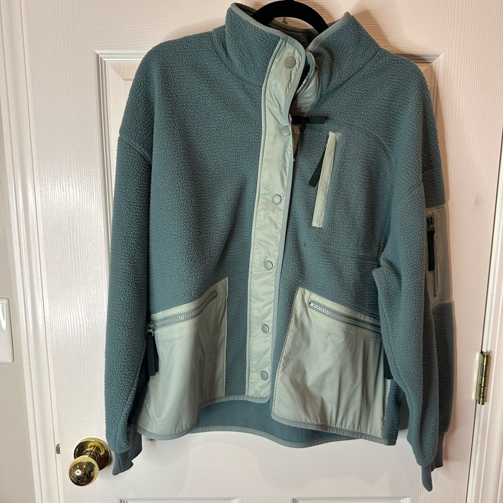 Madewell Large Teal Blue Sherpa Snap Front Zip Jacket Fleece Utility Pkt